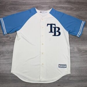 Tampa Bay Rays Jersey Mens Large White Blue MLB Baseball Coolbase USA Majestic
